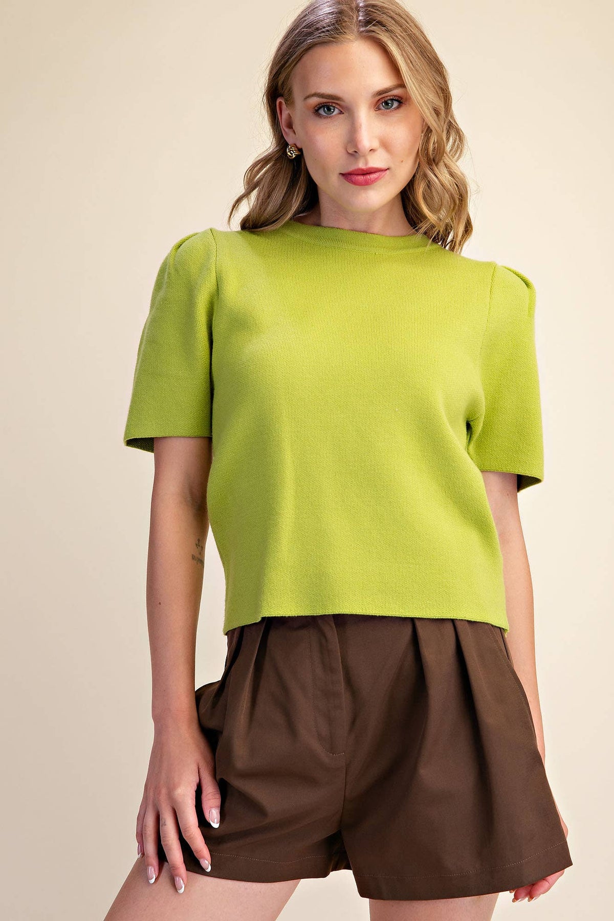 Puff Sleeve Pullover Knit Top: Teal / M