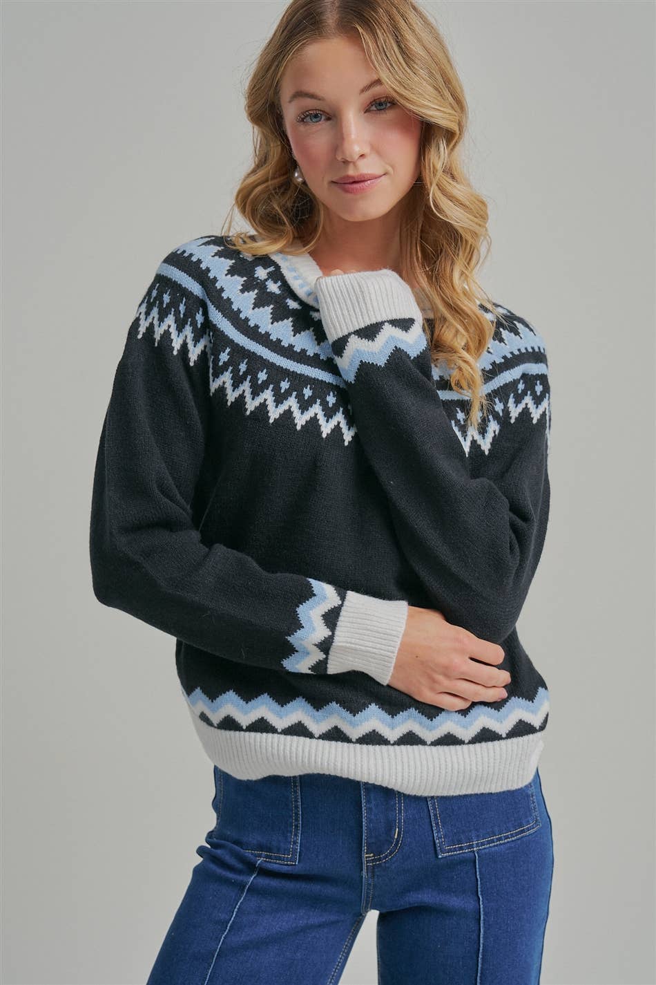 NORDIC FAIR ISLE CREWNECK SWEATER TOP_JLT00287-01: BLACK/BLUE / S-M-L(2-2-2)