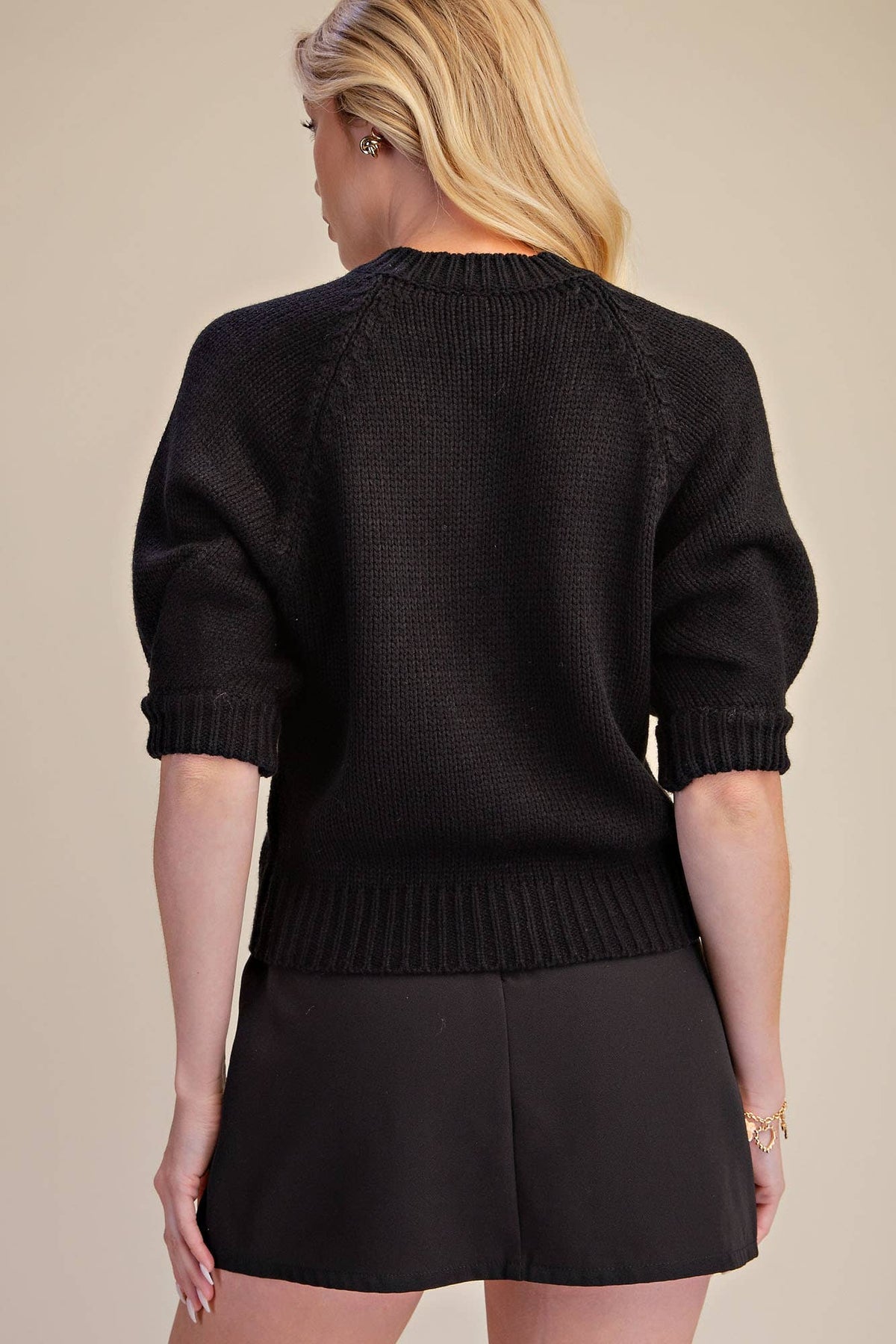 Puff Sleeve Sweater Cardigan: Black / S