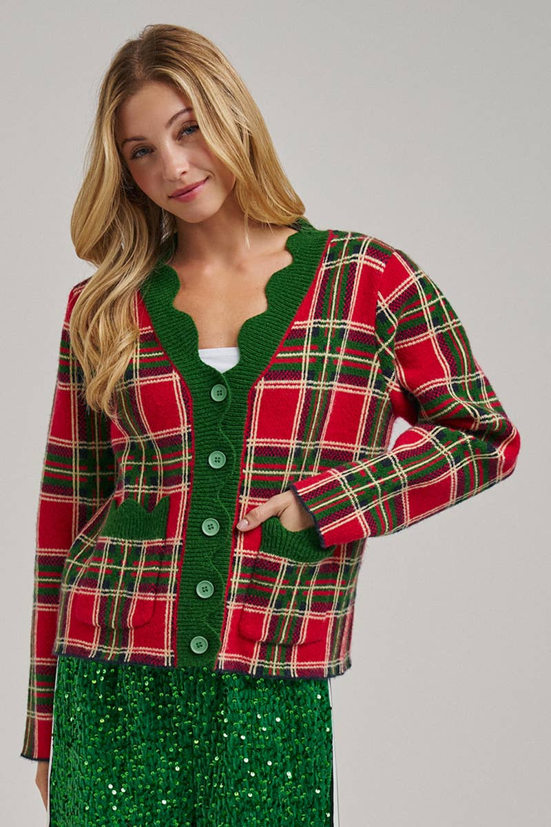CHRISTMAS PLAID CHECK SWEATER CARDIGAN _JLT00401-02: NAVY CHECK / S-M-L(2-2-2)
