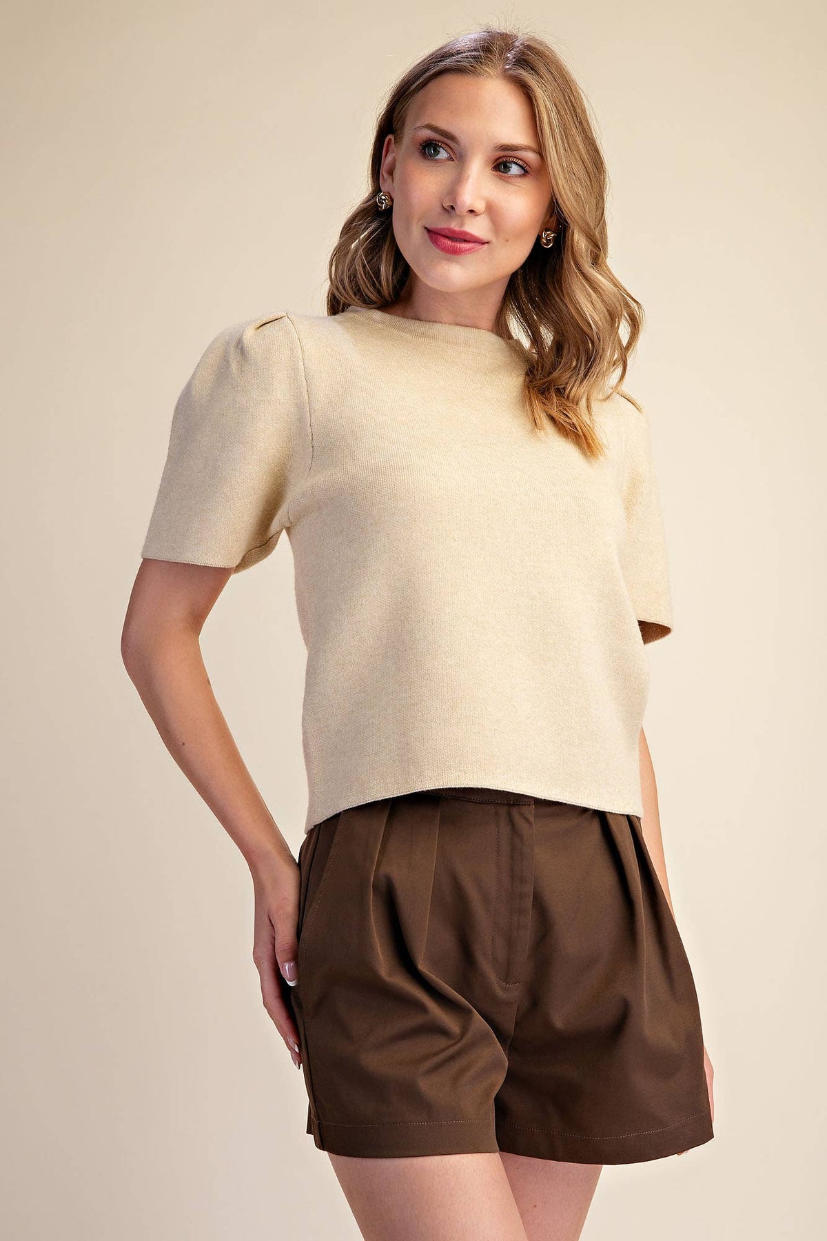 Puff Sleeve Pullover Knit Top: Teal / S
