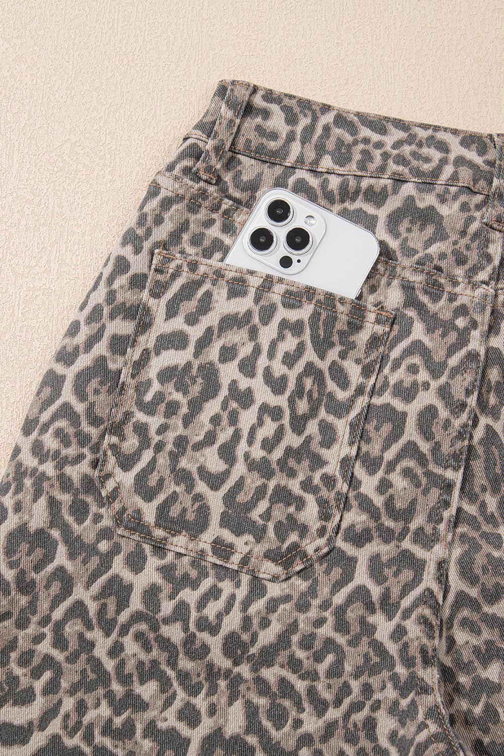 Leopard Frayed Edge Wide Leg High Waist Jeans: Brown