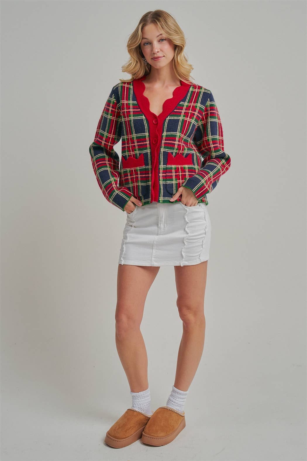 CHRISTMAS PLAID CHECK SWEATER CARDIGAN _JLT00401-02: NAVY CHECK / S-M-L(2-2-2)