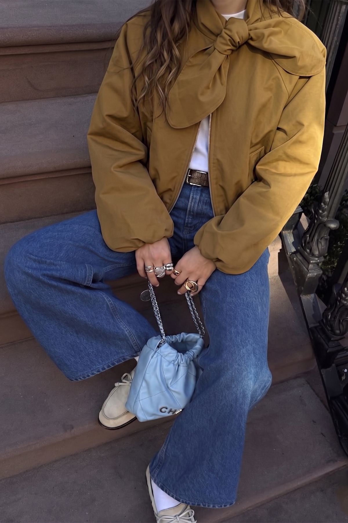 Scarf Collar Long Sleeve Puffy Jacket: Beige / L