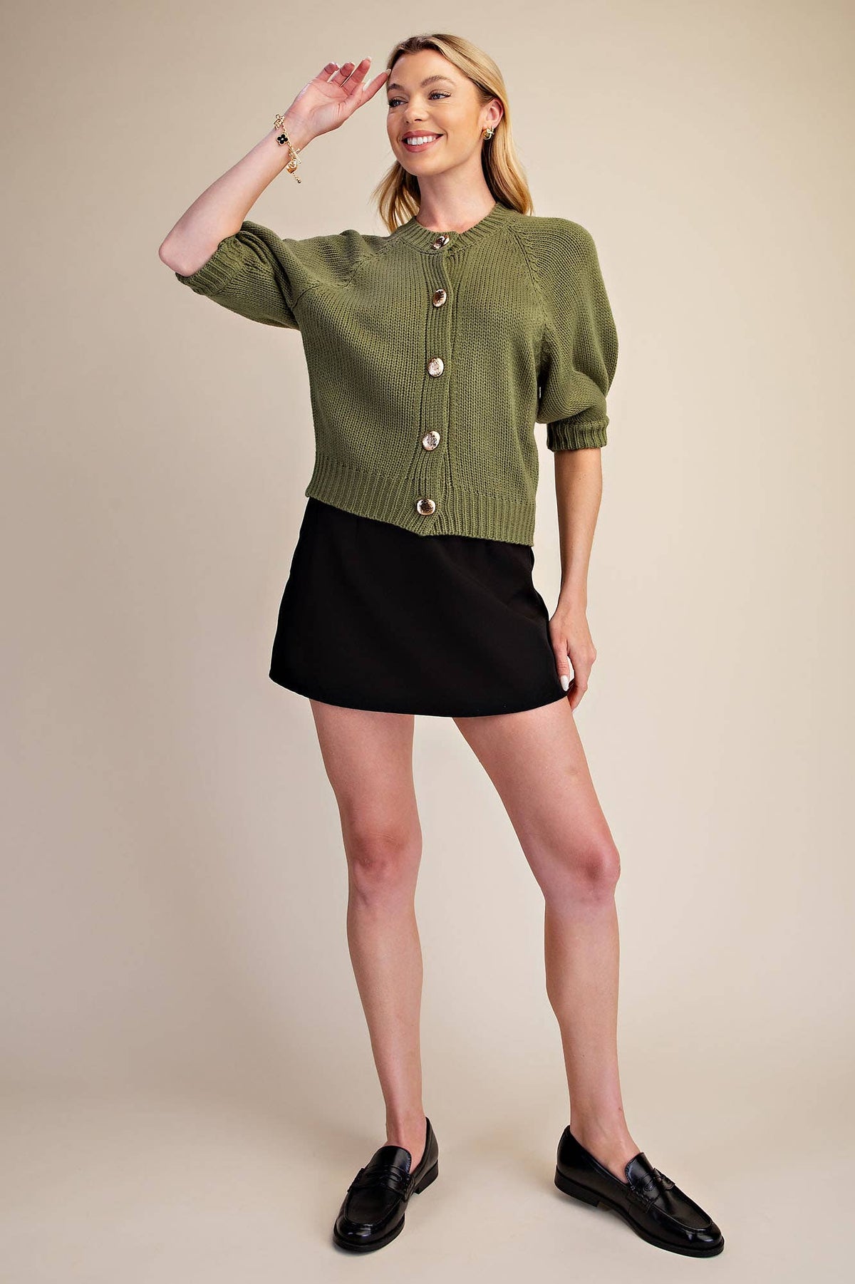 Puff Sleeve Sweater Cardigan: Black / L