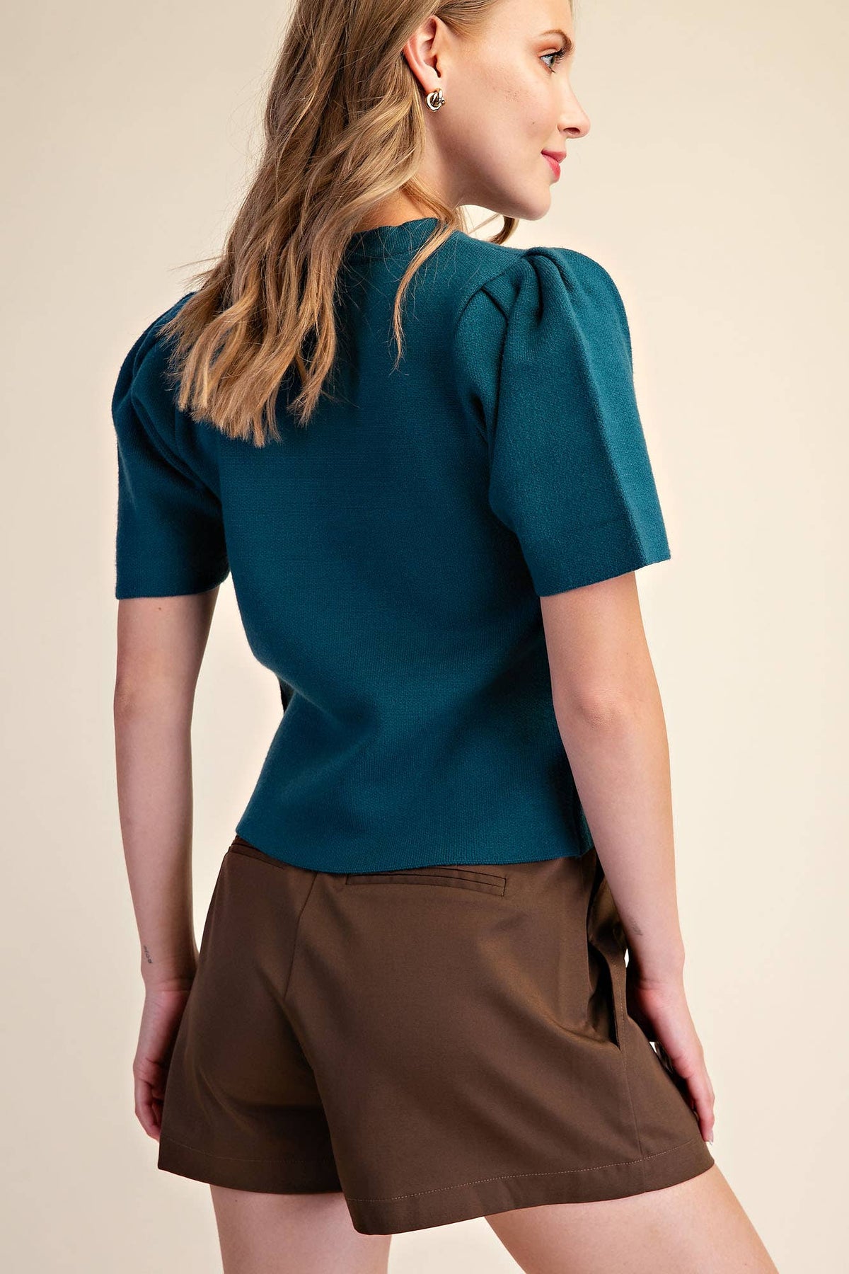 Puff Sleeve Pullover Knit Top: Teal / M
