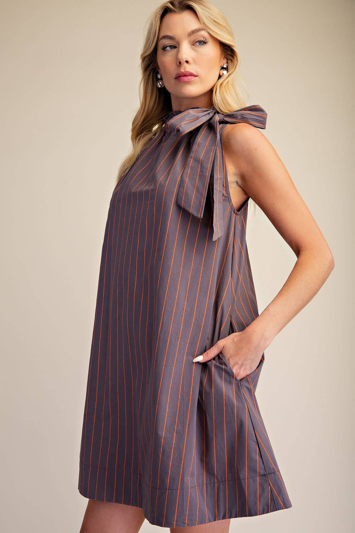 Stripe Mini Dress Ruffle Neck Adjustable Tie Sleeveless: Camel/Slate / L