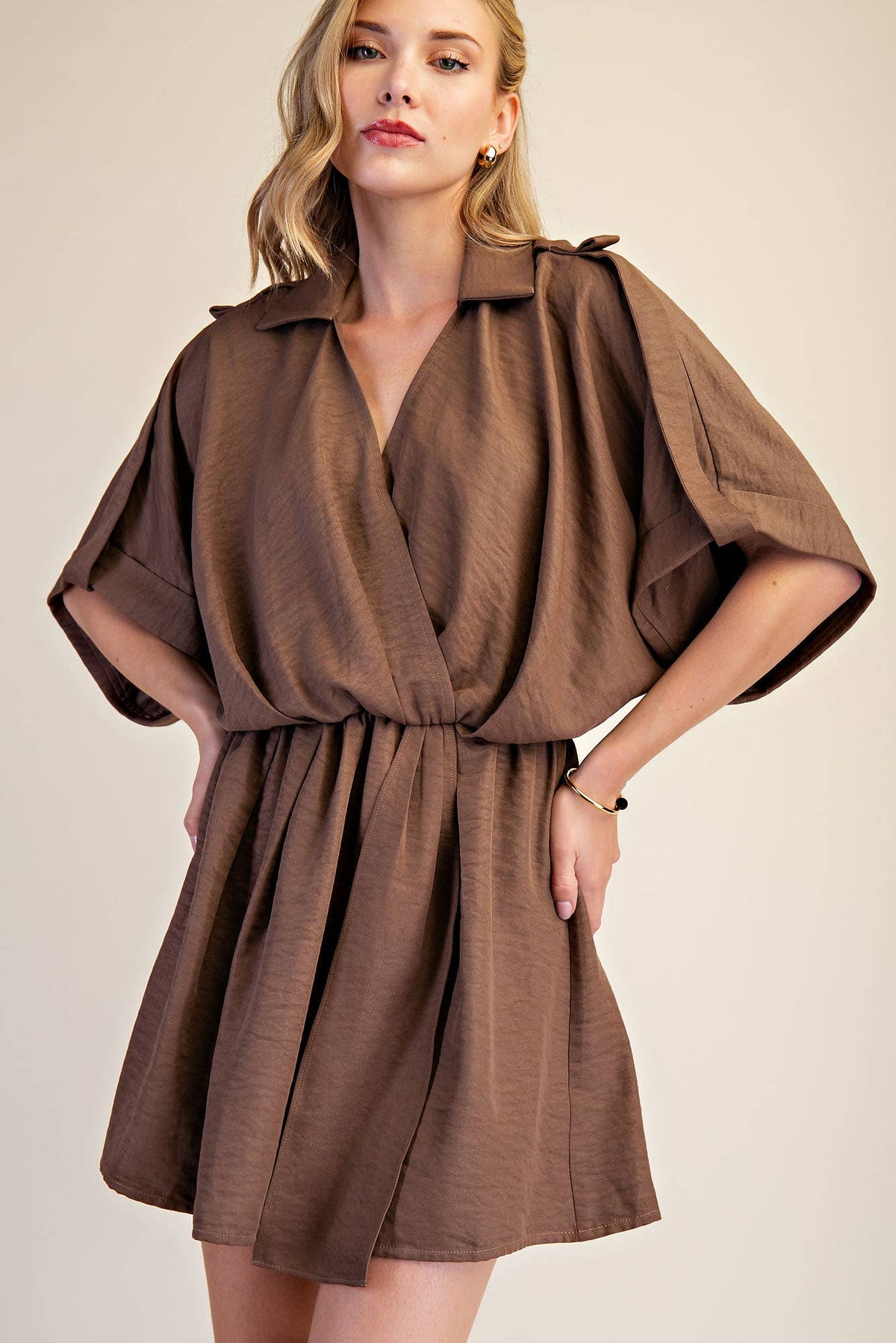 Lapel Collar With V-neckline Wrap Dress: Burgundy / S