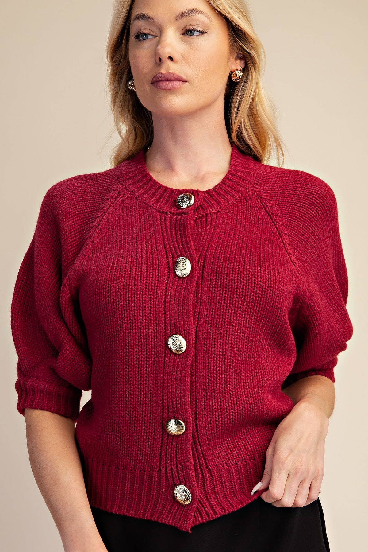 Puff Sleeve Sweater Cardigan: Black / M