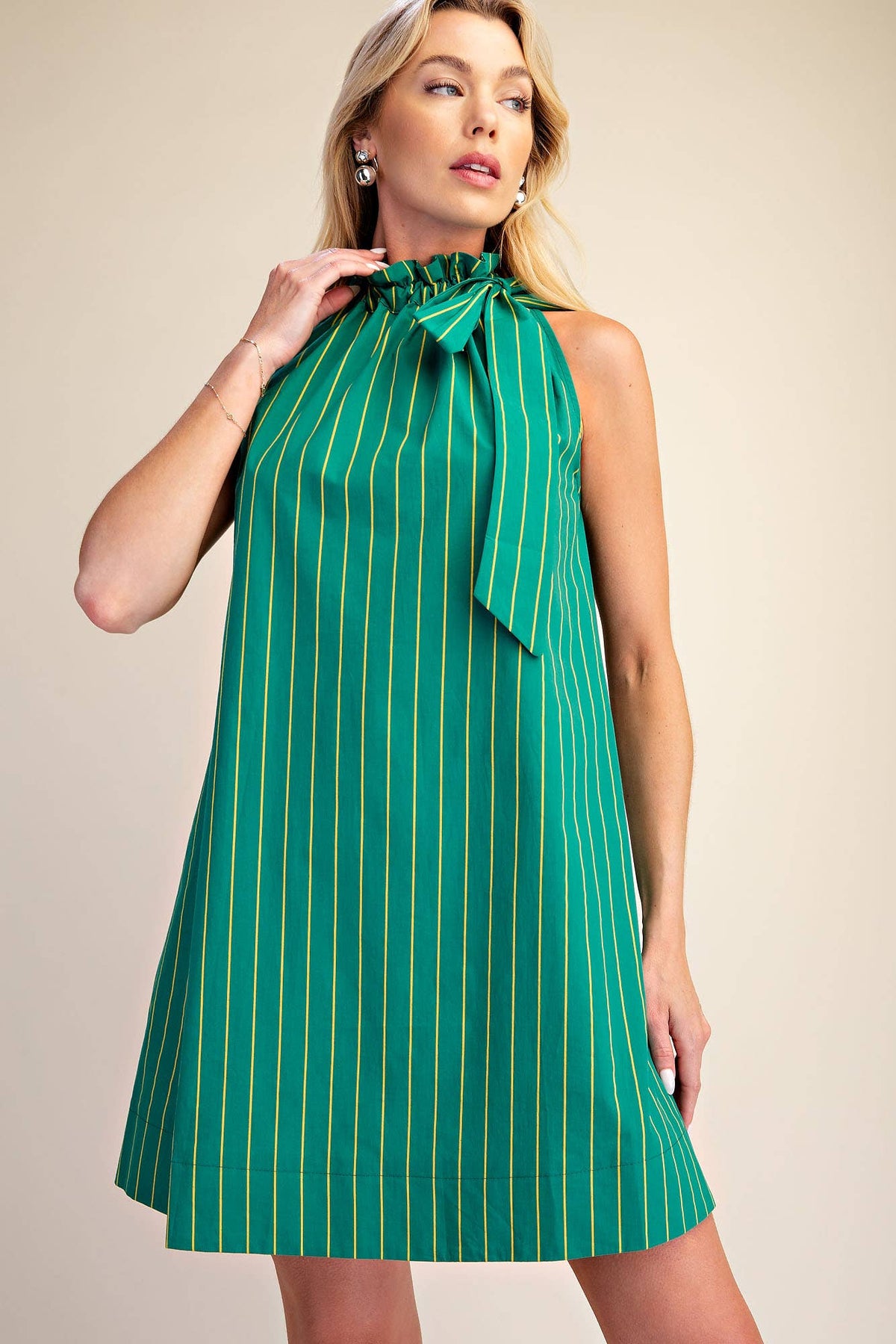Stripe Mini Dress Ruffle Neck Adjustable Tie Sleeveless: Camel/Slate / L