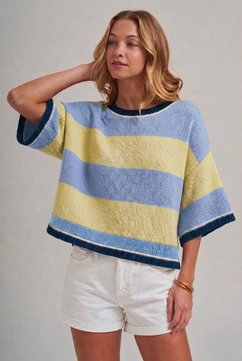 WIDE STRIPE LOOSE FIT DROP SHOULDER SWEATER TOP_JLT00303-01: BLUE/BROWN / S-M-L(2-2-2)