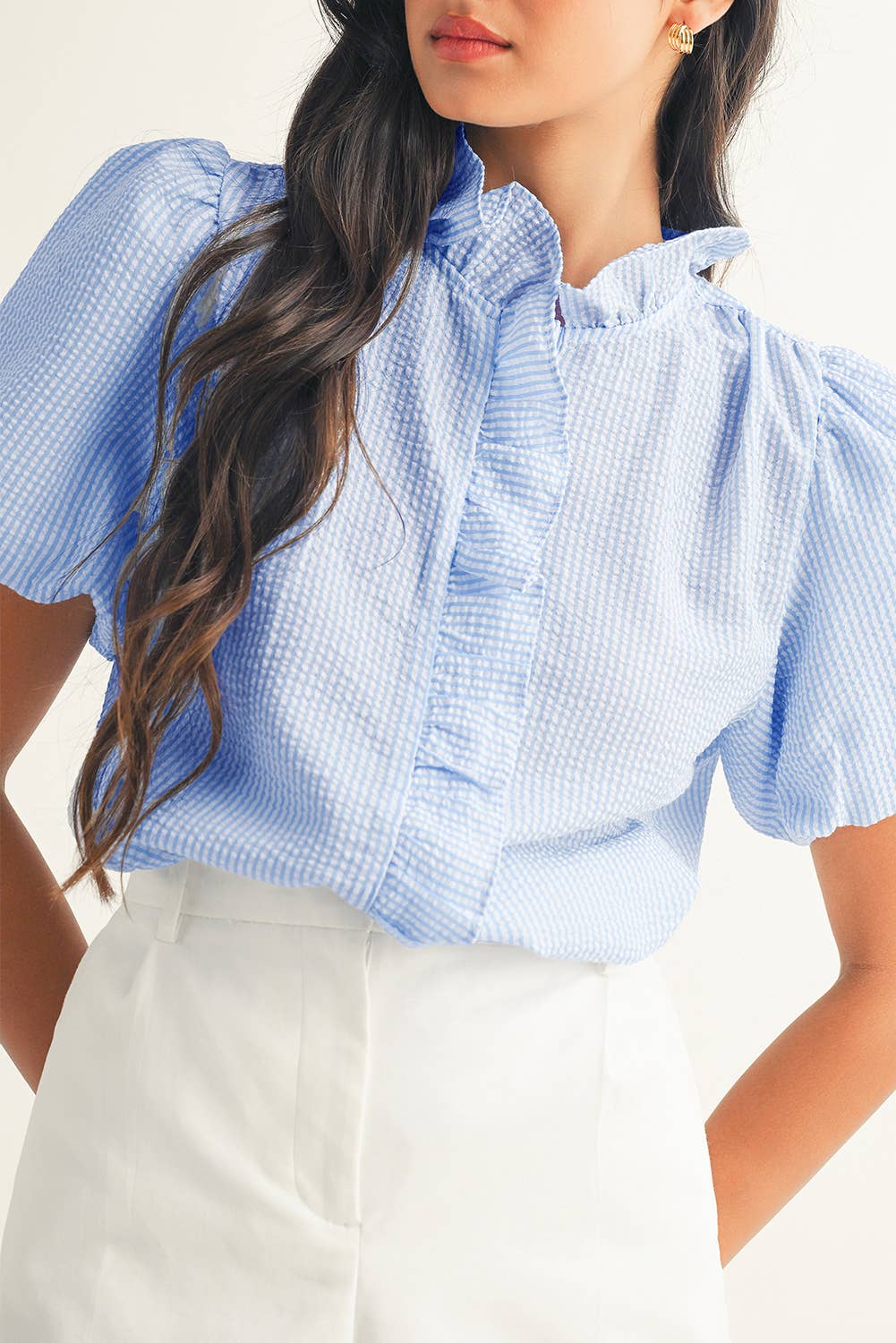 LDC Striped Ruffle Short Bubble Sleeve Top: Black / S