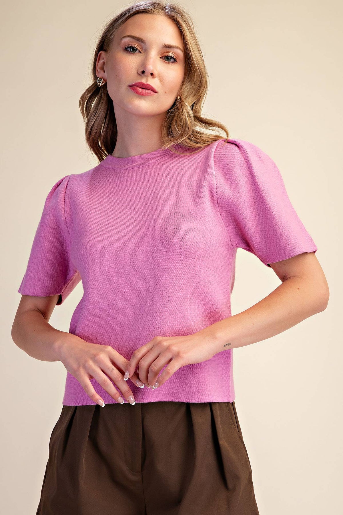 Puff Sleeve Pullover Knit Top: Teal / S