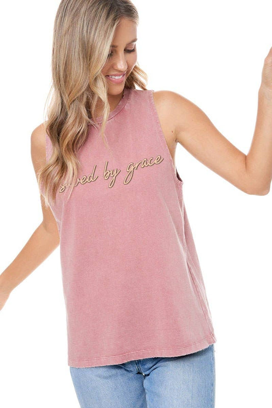 "Saved By Grace" Graphic Washed Tank: Dusty Pink