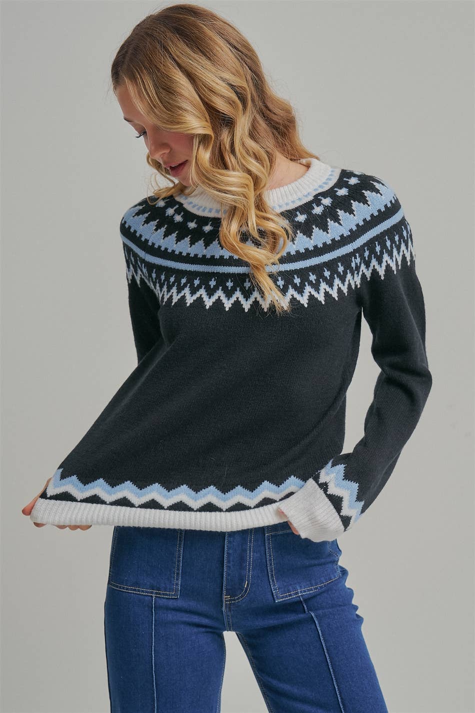NORDIC FAIR ISLE CREWNECK SWEATER TOP_JLT00287-01: BLACK/BLUE / S-M-L(2-2-2)