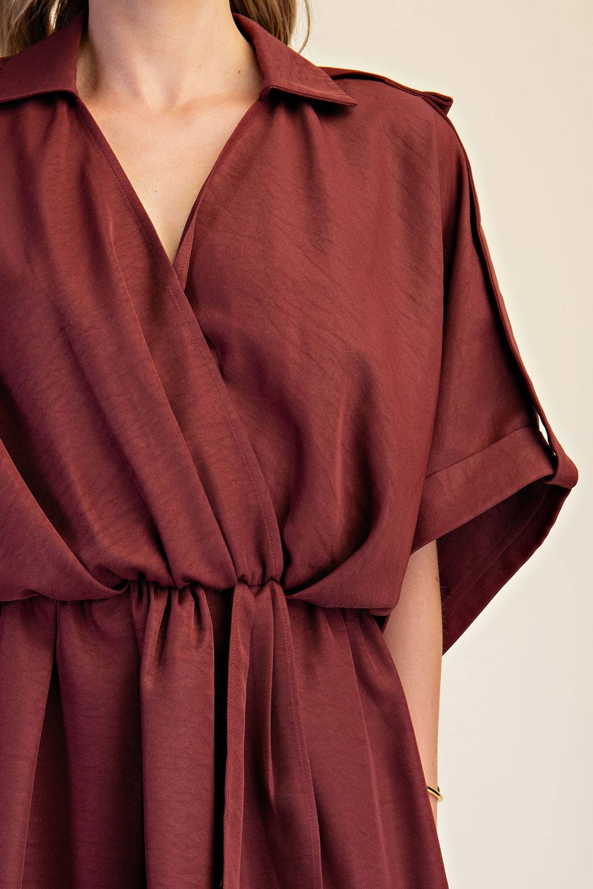 Lapel Collar With V-neckline Wrap Dress: Burgundy / M