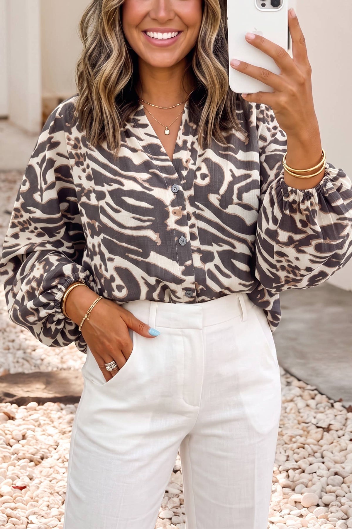 LDC Leopard Shift V Neck Daily Long Sleeve Shirts: Parchment / XL
