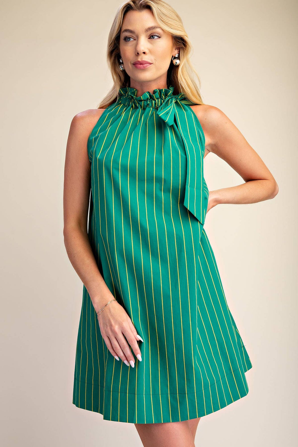 Stripe Mini Dress Ruffle Neck Adjustable Tie Sleeveless: Camel/Slate / L