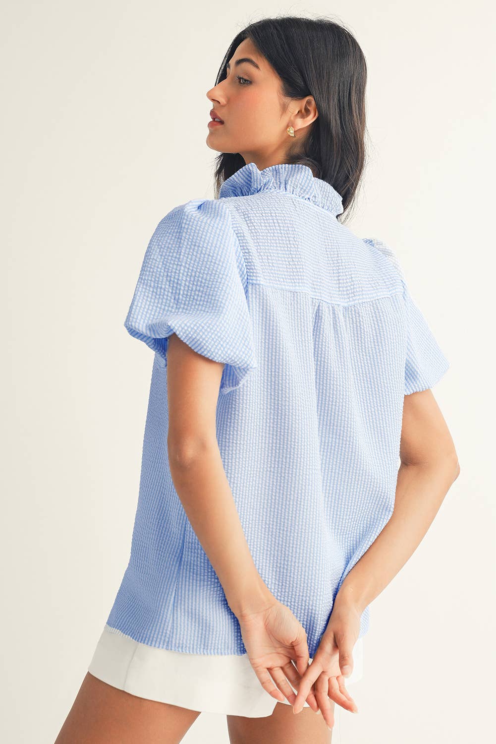 LDC Striped Ruffle Short Bubble Sleeve Top: Black / XL