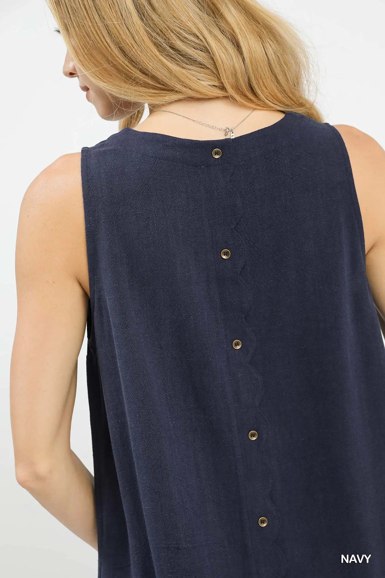 Navy Linen Scallop Hem Sleeveless Top