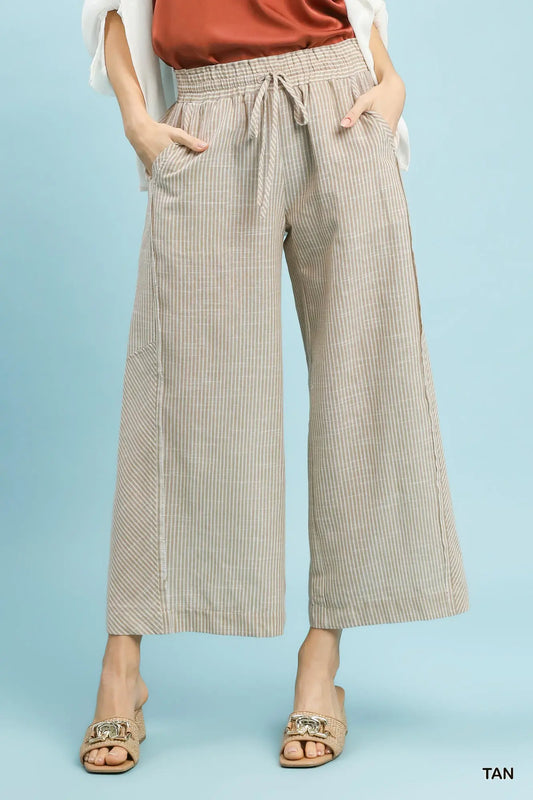 Tan Linen Striped Wide Leg Pants