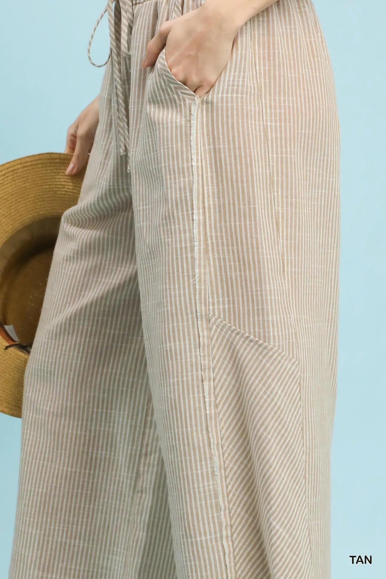 Tan Linen Striped Wide Leg Pants