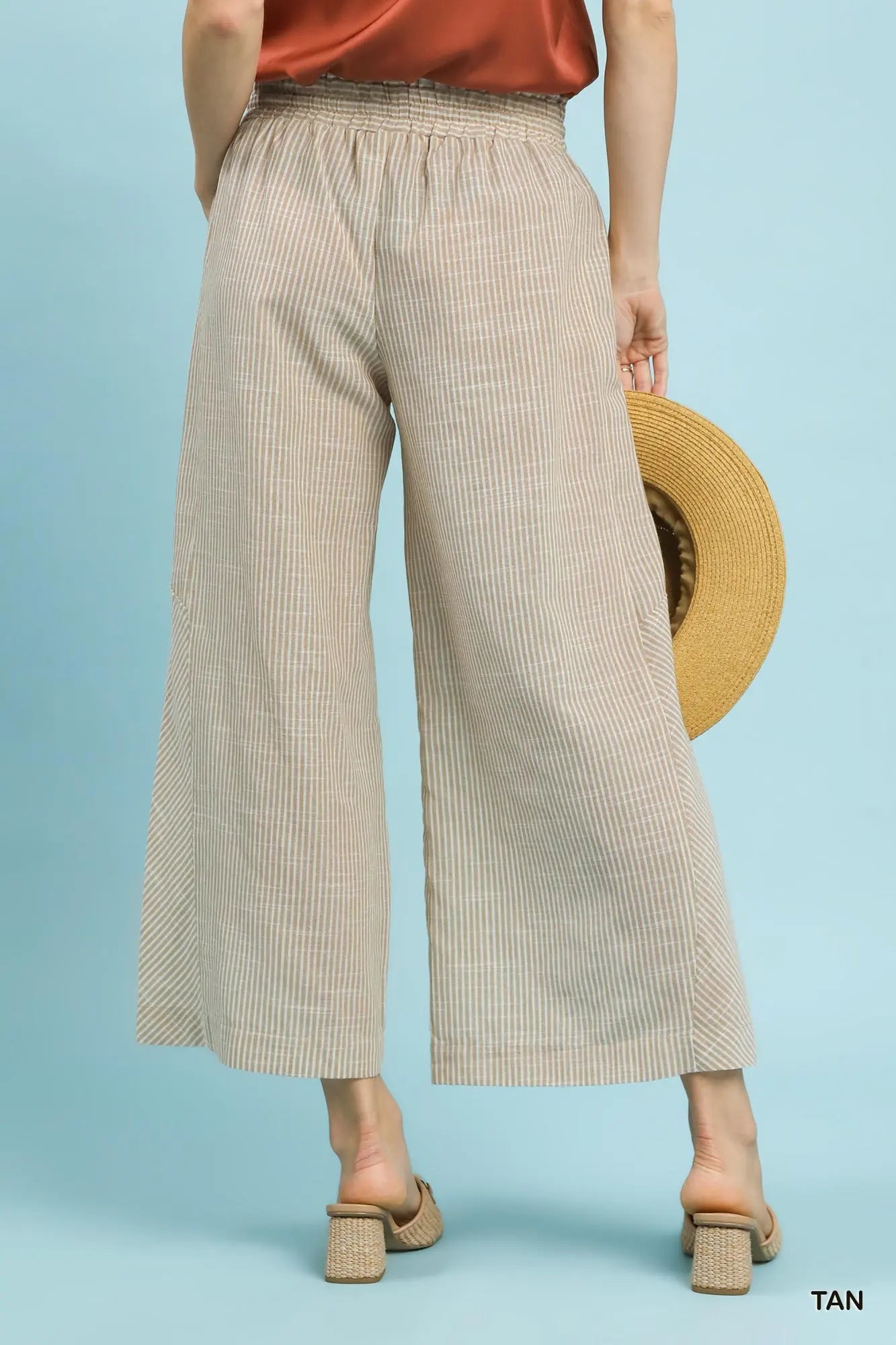 Tan Linen Striped Wide Leg Pants