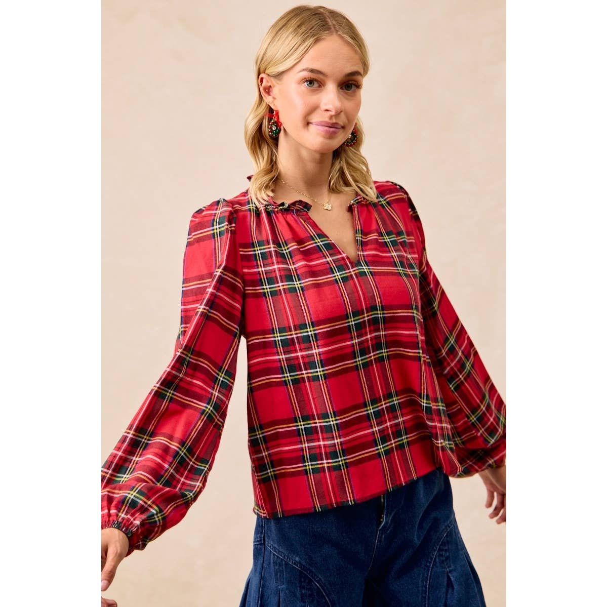 CHRISTMAS PLAID BALLOON SLEEVES RUFFLED V-NECK TOP: RED PLAID / S