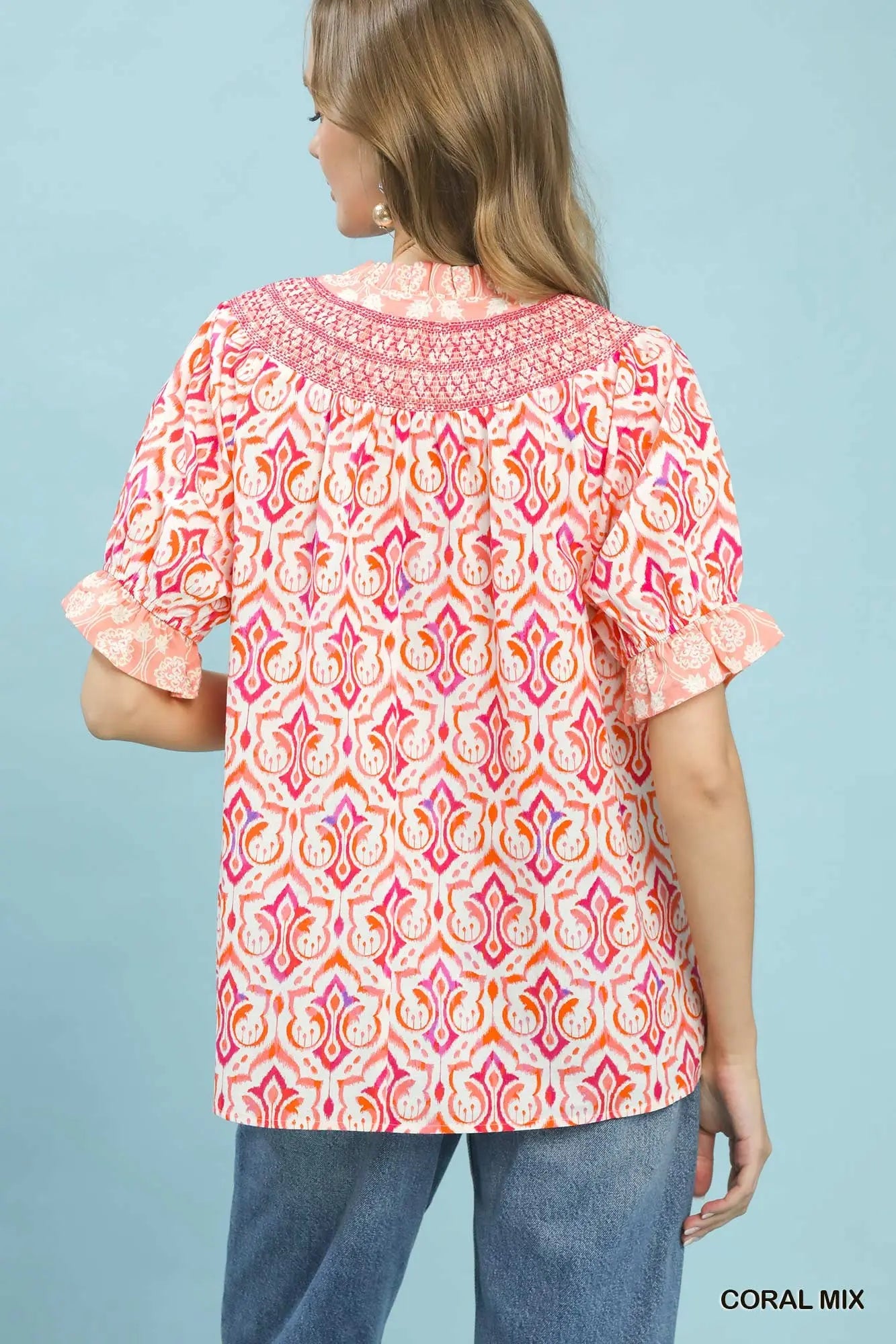 Coral Ruffle Collar Cotton Blouse