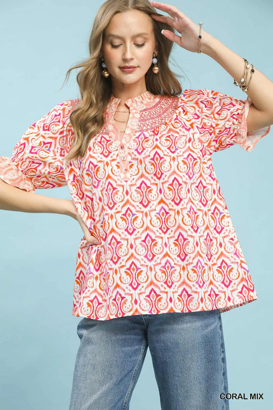 Coral Ruffle Collar Cotton Blouse
