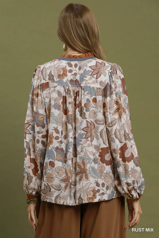 Autumn Tapestry Contrast Trim Blouse