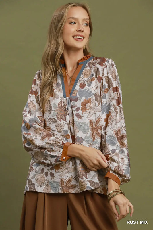 Autumn Tapestry Contrast Trim Blouse
