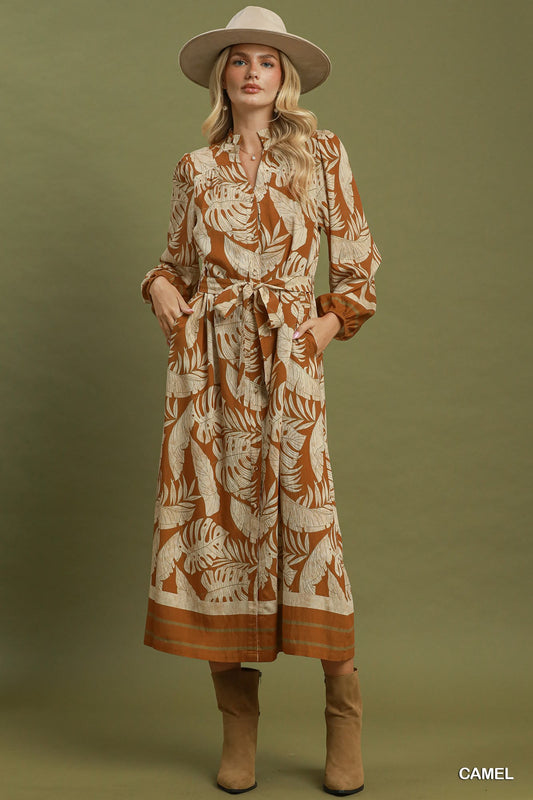 Golden Palm Midi Shirt Dress
