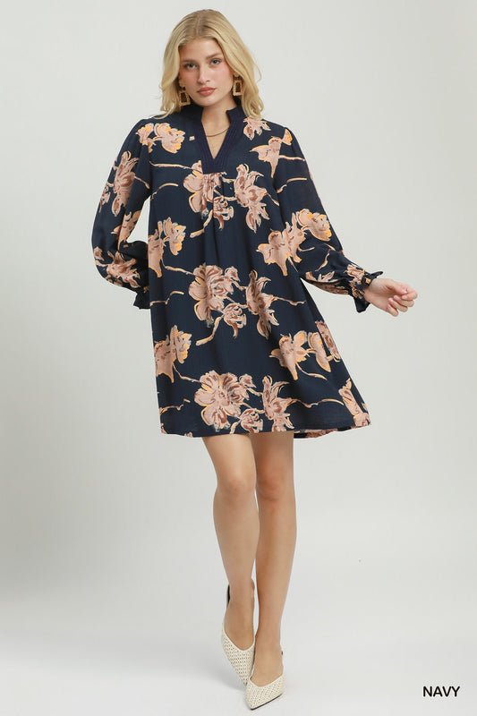 Navy Bloom Long Sleeve Shift Dress