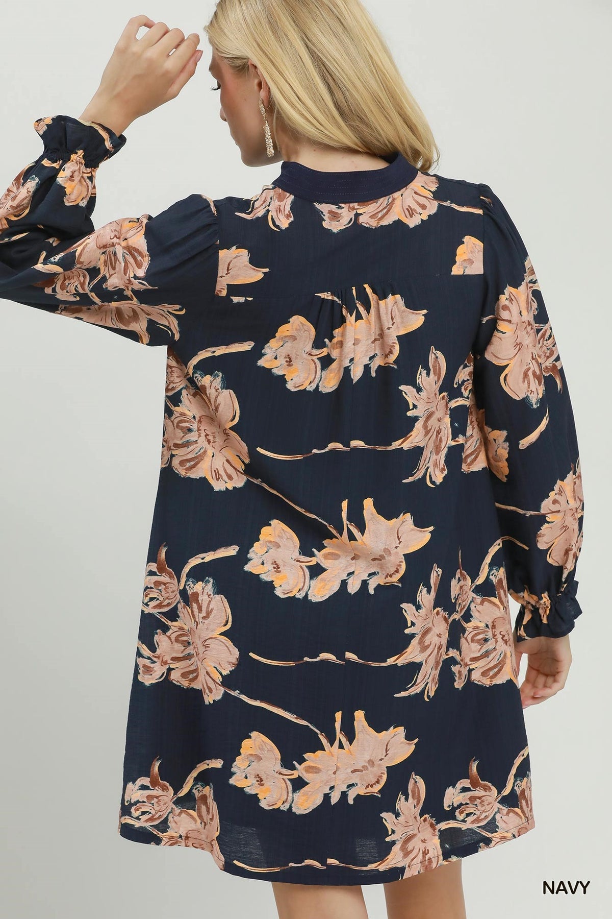 Navy Bloom Long Sleeve Shift Dress