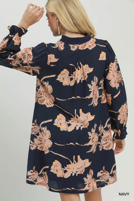 Navy Bloom Long Sleeve Shift Dress