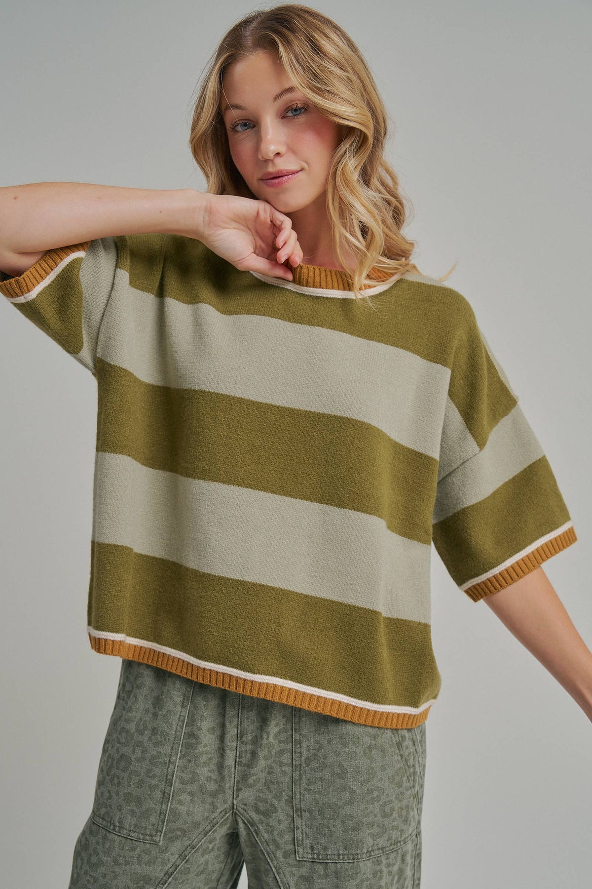 WIDE STRIPE LOOSE FIT DROP SHOULDER SWEATER TOP_JLT00303-01: BLUE/BROWN / S-M-L(2-2-2)
