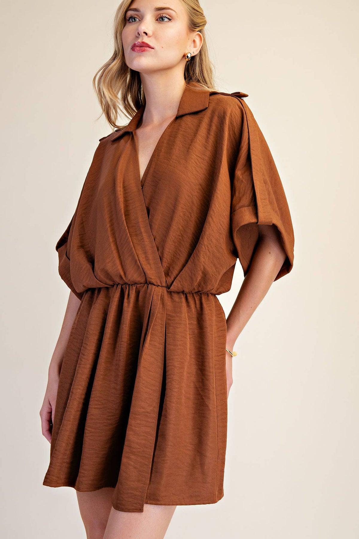 Lapel Collar With V-neckline Wrap Dress: Burgundy / M