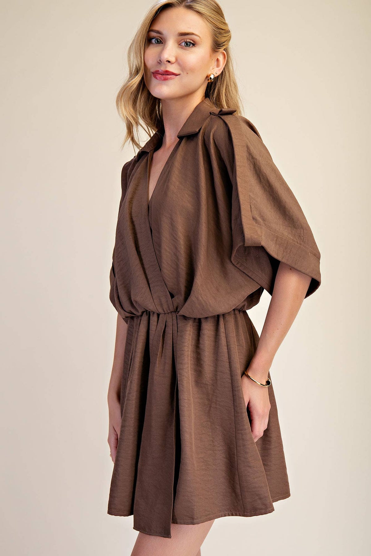 Lapel Collar With V-neckline Wrap Dress: Burgundy / S