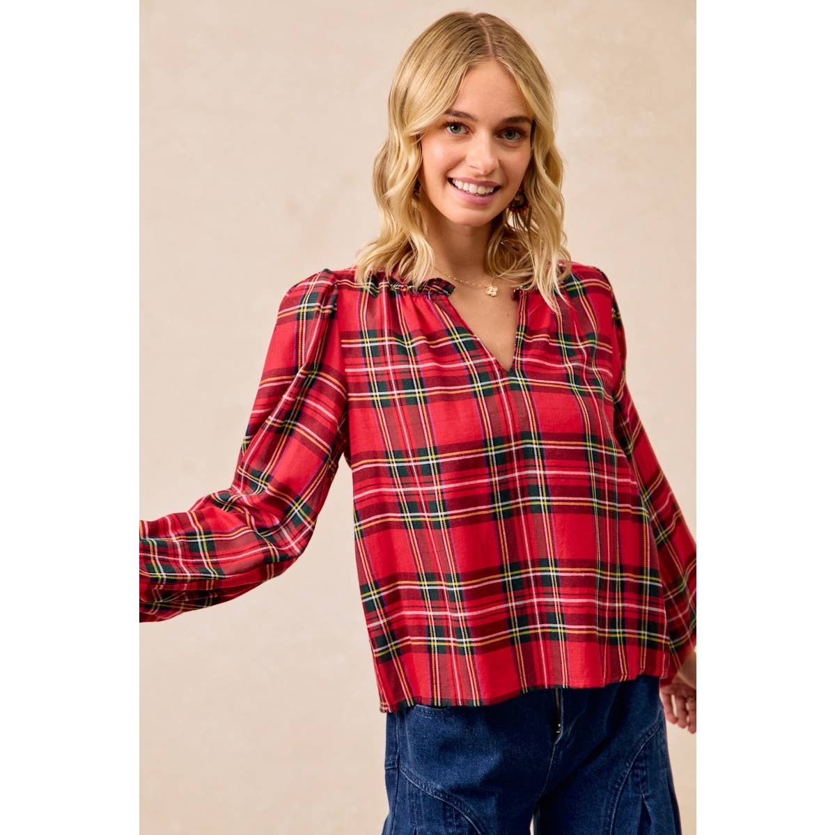 CHRISTMAS PLAID BALLOON SLEEVES RUFFLED V-NECK TOP: RED PLAID / S