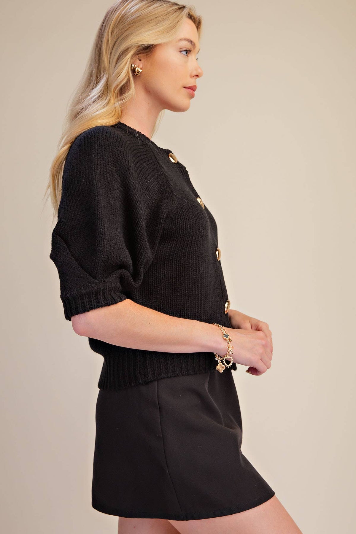 Puff Sleeve Sweater Cardigan: Black / M