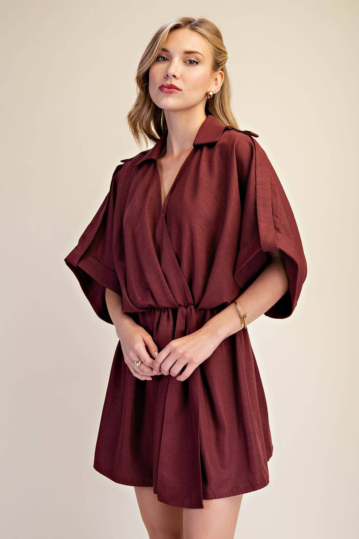 Lapel Collar With V-neckline Wrap Dress: Burgundy / L