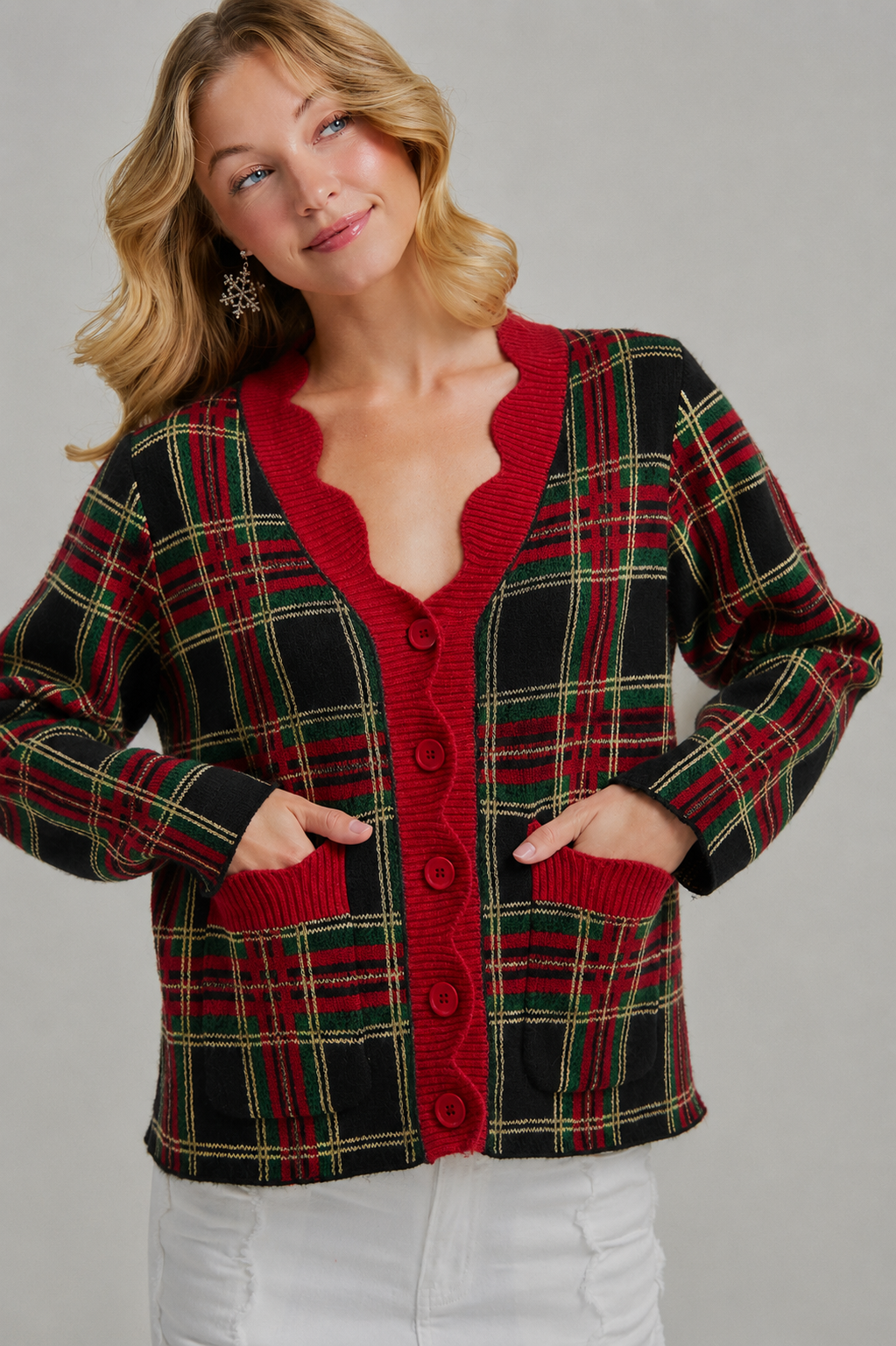 CHRISTMAS PLAID CHECK SWEATER CARDIGAN _JLT00401-02: NAVY CHECK / S-M-L(2-2-2)