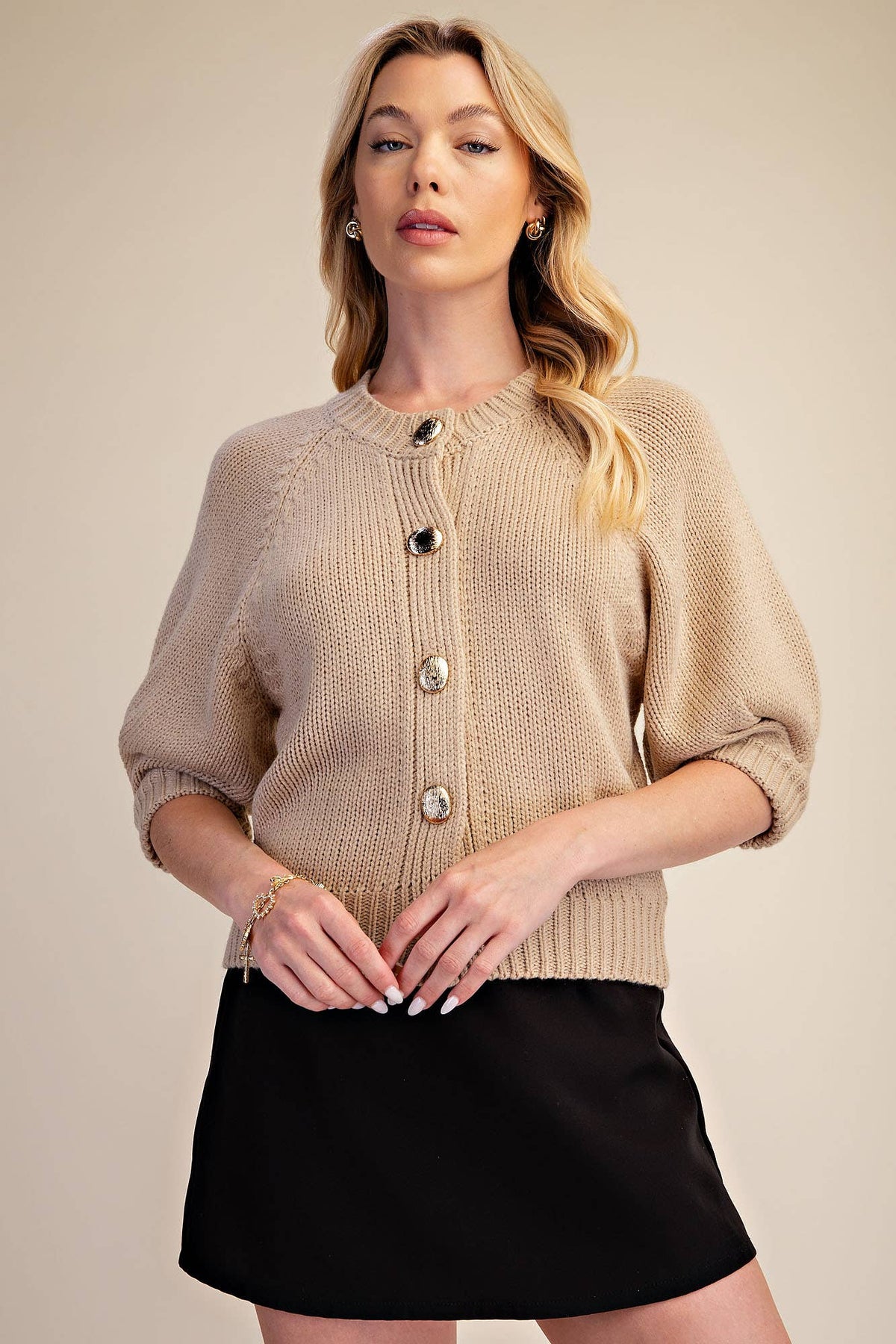 Puff Sleeve Sweater Cardigan: Black / M