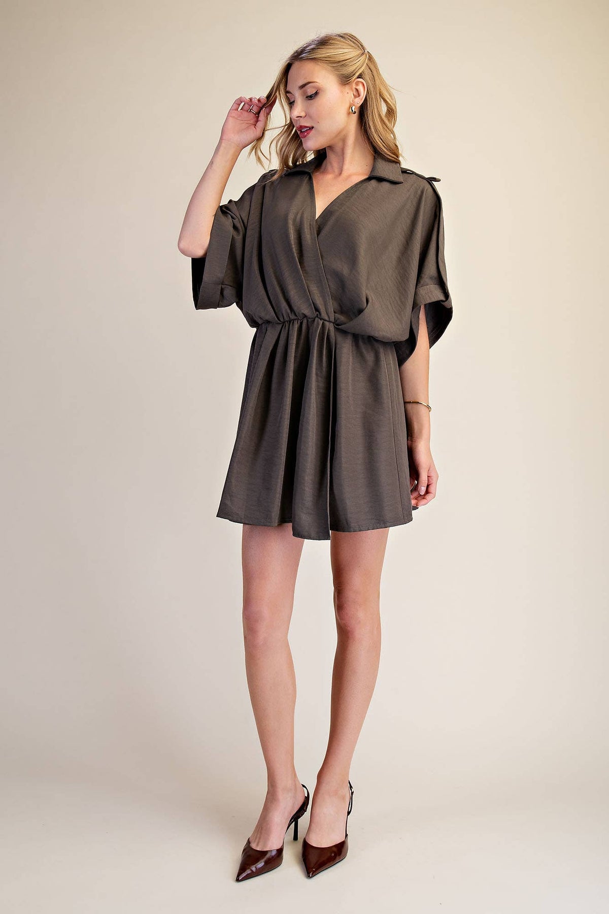 Lapel Collar With V-neckline Wrap Dress: Burgundy / L