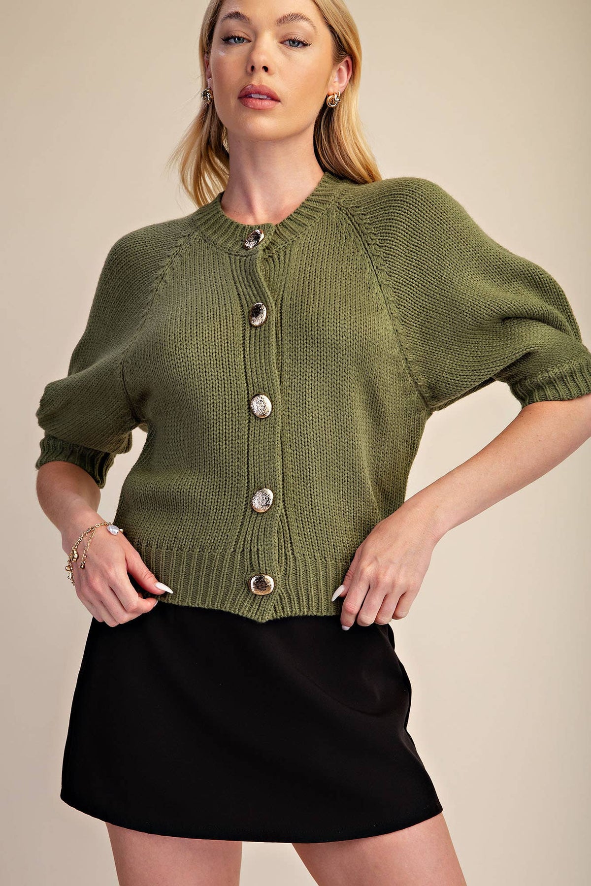 Puff Sleeve Sweater Cardigan: Black / L