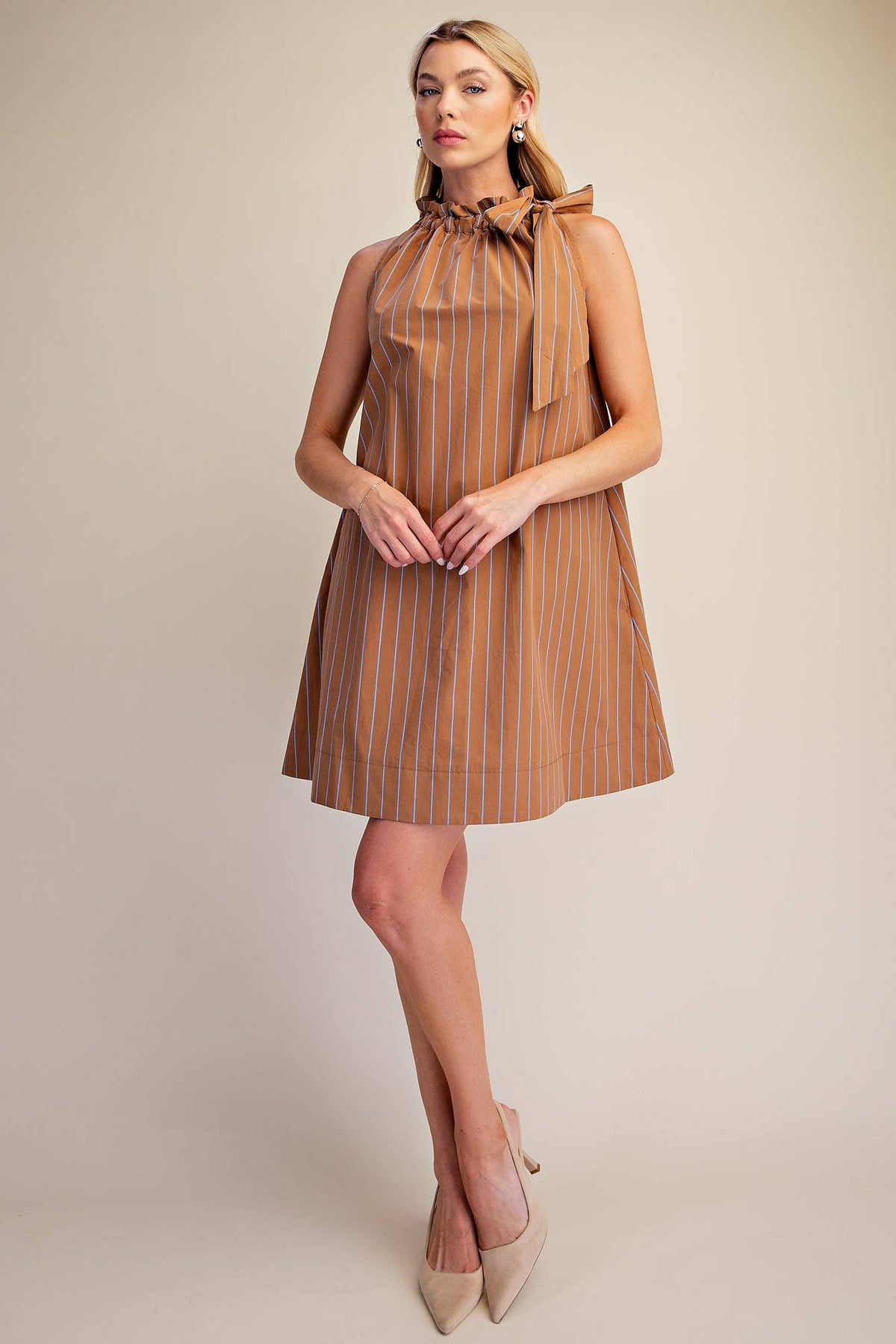 Stripe Mini Dress Ruffle Neck Adjustable Tie Sleeveless: Camel/Slate / L