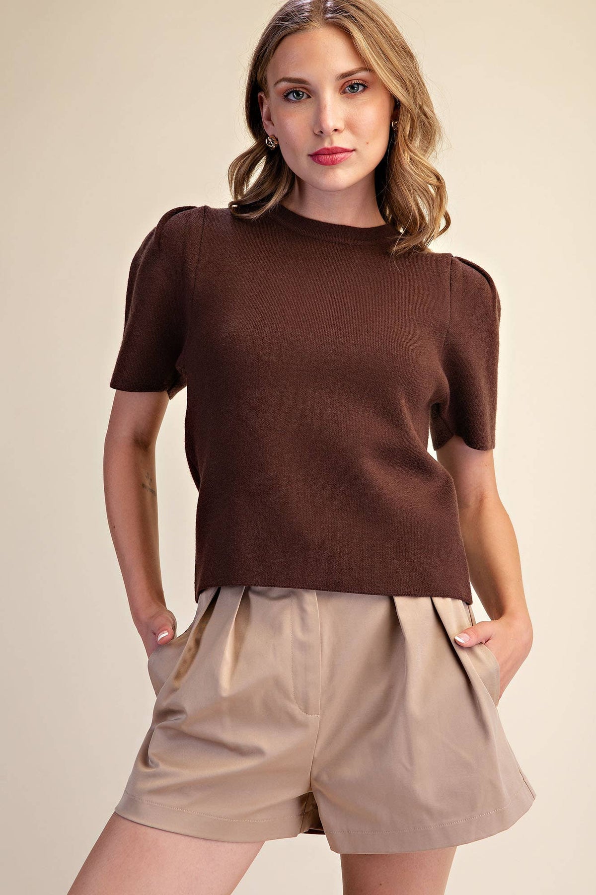 Puff Sleeve Pullover Knit Top: Teal / M