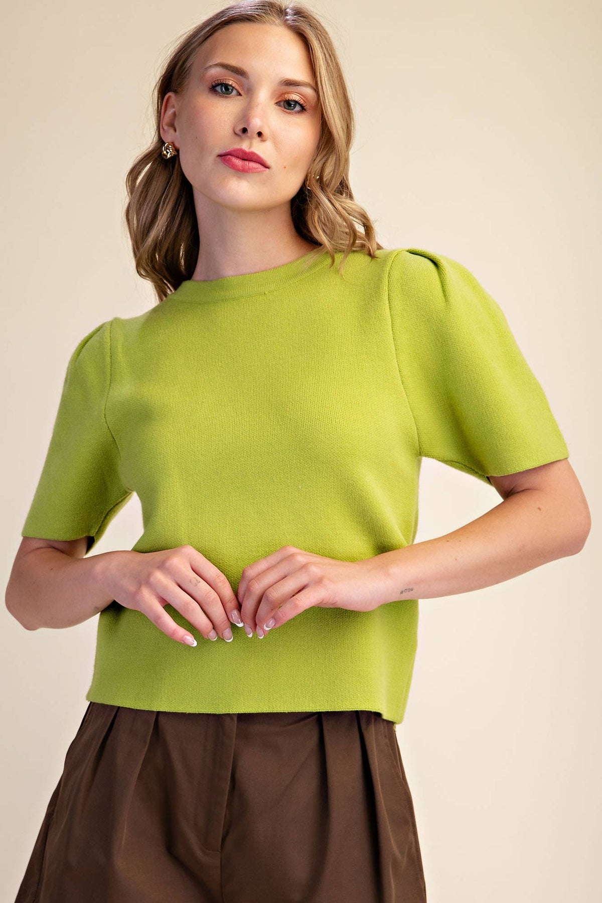 Puff Sleeve Pullover Knit Top: Teal / S
