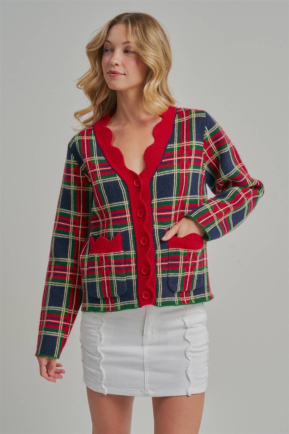 CHRISTMAS PLAID CHECK SWEATER CARDIGAN _JLT00401-02: NAVY CHECK / S-M-L(2-2-2)